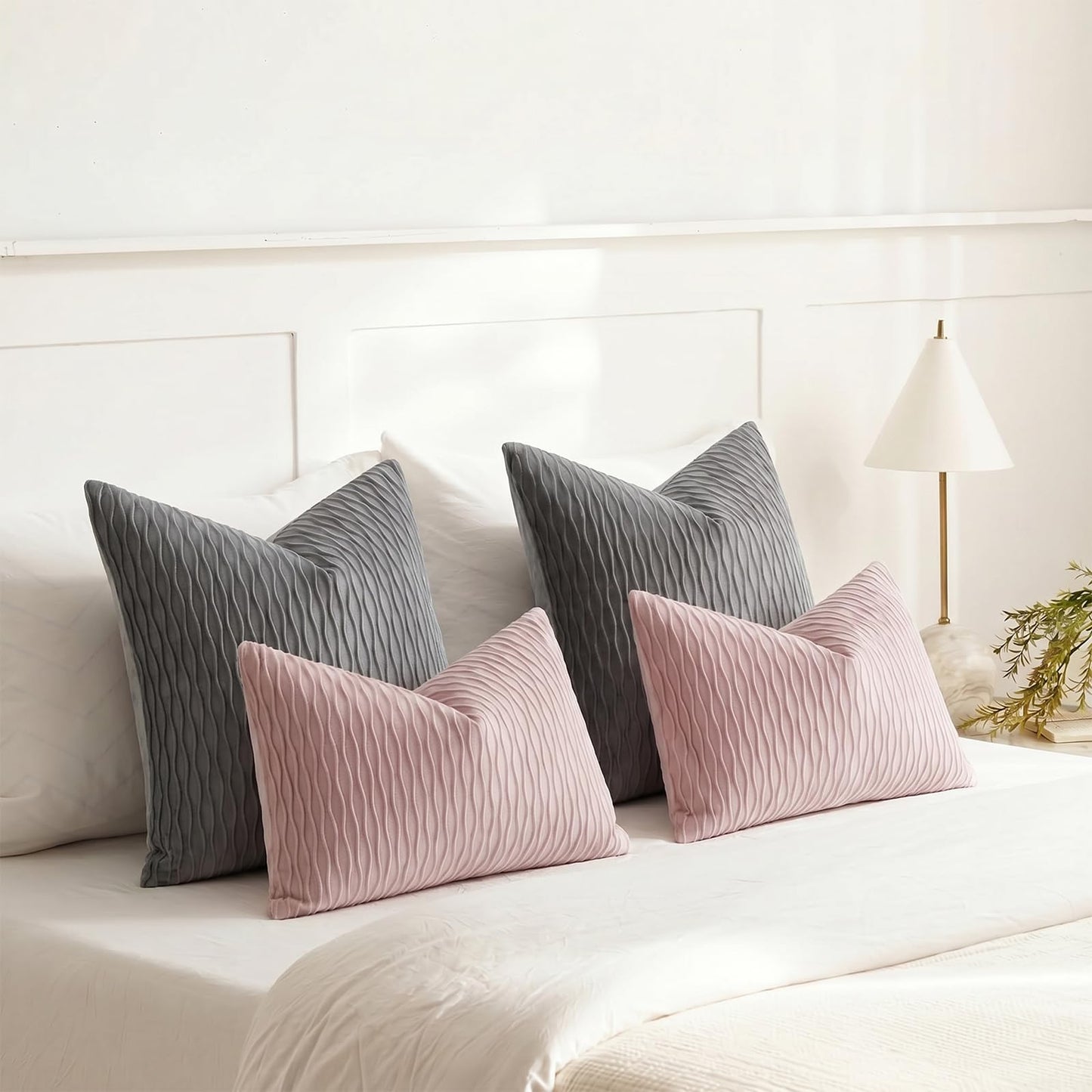 DEZENE Grey Vertical Ripple Striped Decorative Pillow Cases: Pack of 2 18x18 Inch Velvet Square Throw Pillow Covers for Farmhouse Couch Sofa Bed Living Room Home Decor