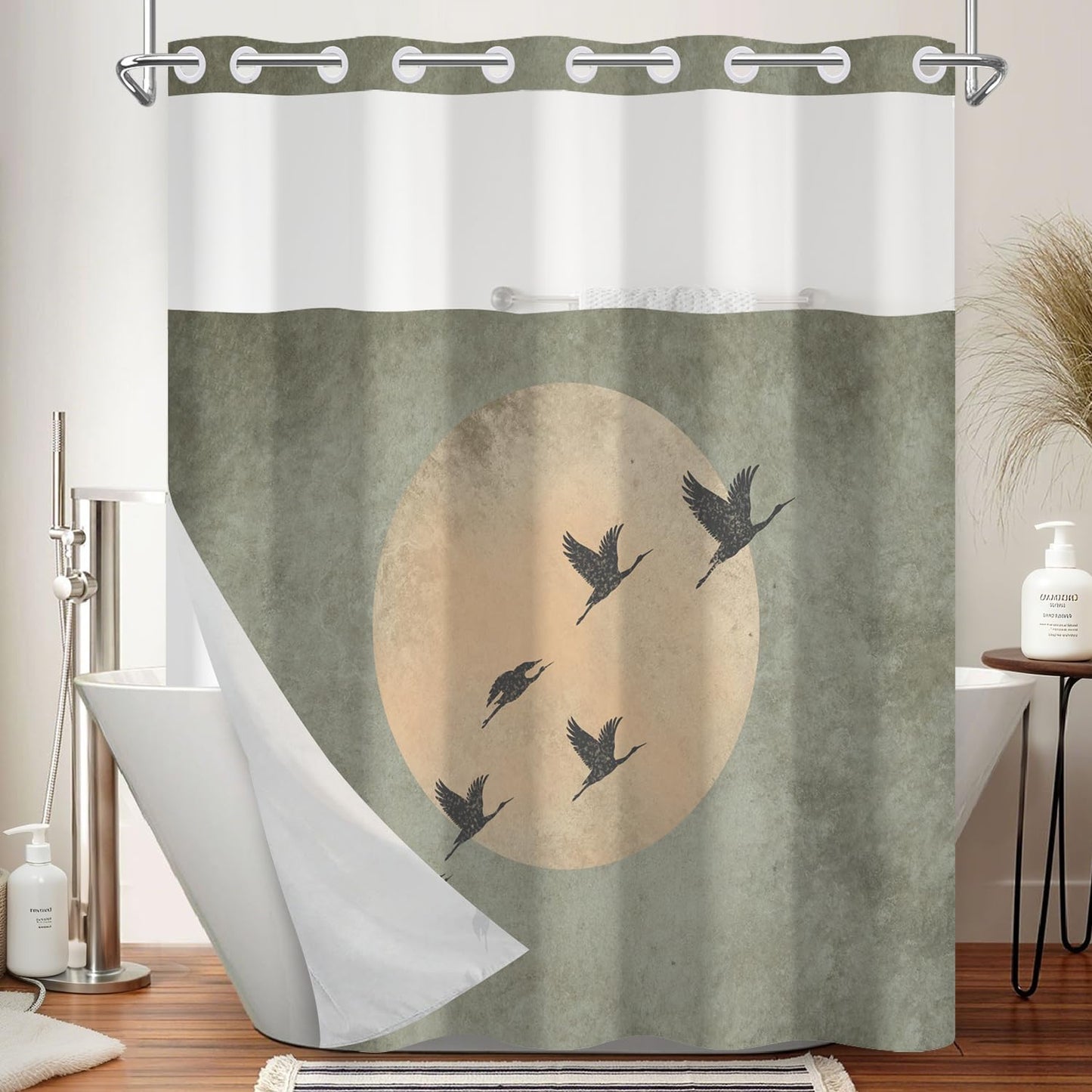 NAEMBCU No Hook Shower Curtain with Snap in Liner, Zen Moon and Crane Silhouette Print - Waterproof Double Layer Bath Tub Curtain with Mesh Top for Japandi Wabi Sabi Bathroom Decor, 71W x 74H