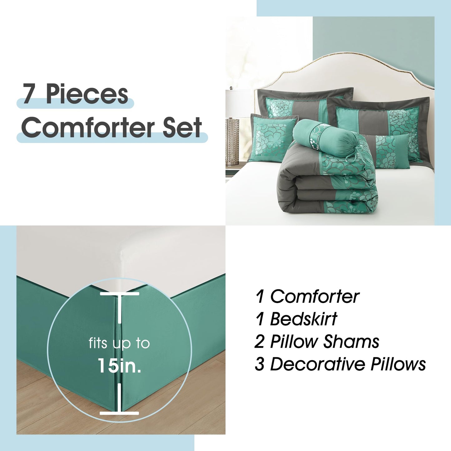 LANCO MODERN LIFESTYLE 7 Piece Queen Comforter Set, Aqua Grey, Elegant Floral Jacquard, Stylish and Cozy Bedding Collection, Premium Bedding Set with Bedskirt, Shams and Pillows