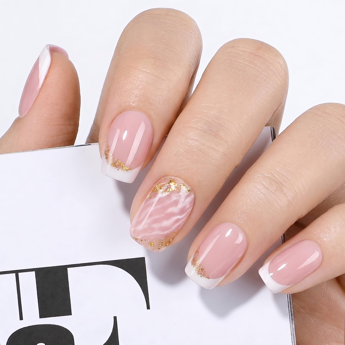 UNA GELLA French Tip Press on Nails Short Square - 32Pcs 16 Sizes Soft Gel Fake Nails Marble Design, Reusable Stick on Nails for Women Manicure Daily Wear Nude Pink