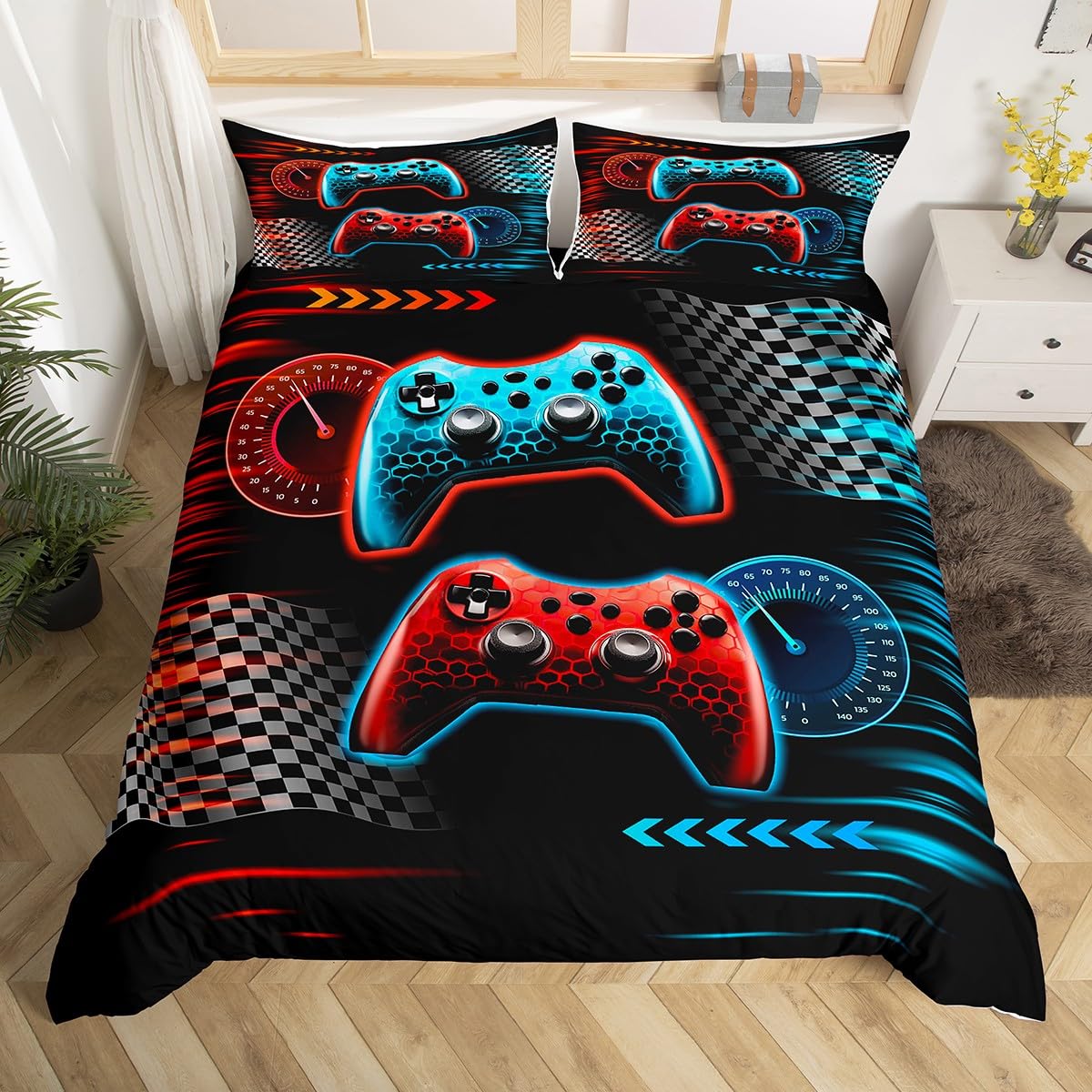 Gaming Gamepad Kids Duvet Cover Set Queen Size,Video Games Controller Race Flags Bedding Set,Boys Girls Men Room Decor,Geometric Honeycomb Hexagon Comforter Cover,Red Blue Quilt Cover,2 Pillowcases