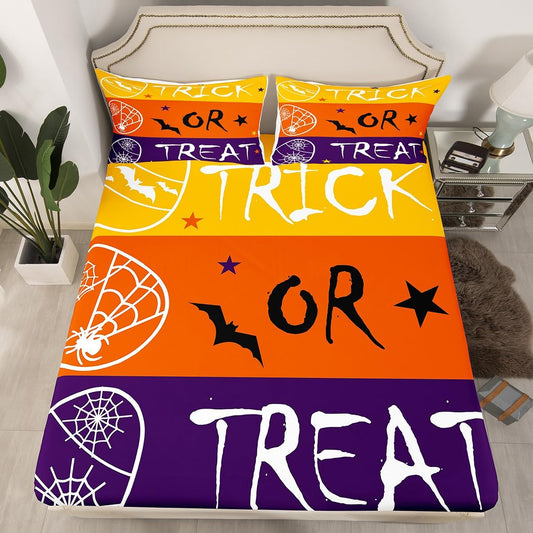 Feelyou Kids Halloween Bed Sheet Set Full Size, Trick or Treat Fitted Sheet Spider Web Bedding Set Boys Girls Horror Decor Teens Bedroom Decor Bed Set 3Pcs (No TOP Sheet)