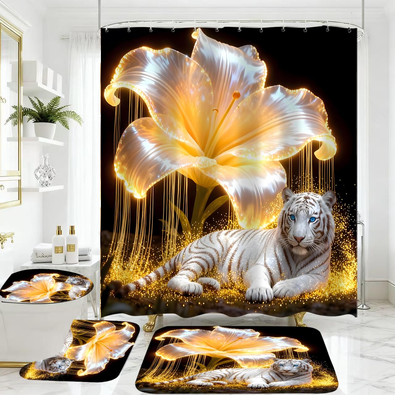 4 Piece Black and Gold Shower Curtain Set with Rugs, Majestic White Tiger & Glowing Golden Lily Floral Art, Luxury Waterproof Fabric Bathroom Decor, Non-Slip Bath Mats & Toilet Lid Cover