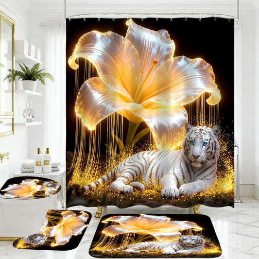 4 Piece Black and Gold Shower Curtain Set with Rugs, Majestic White Tiger & Glowing Golden Lily Floral Art, Luxury Waterproof Fabric Bathroom Decor, Non-Slip Bath Mats & Toilet Lid Cover