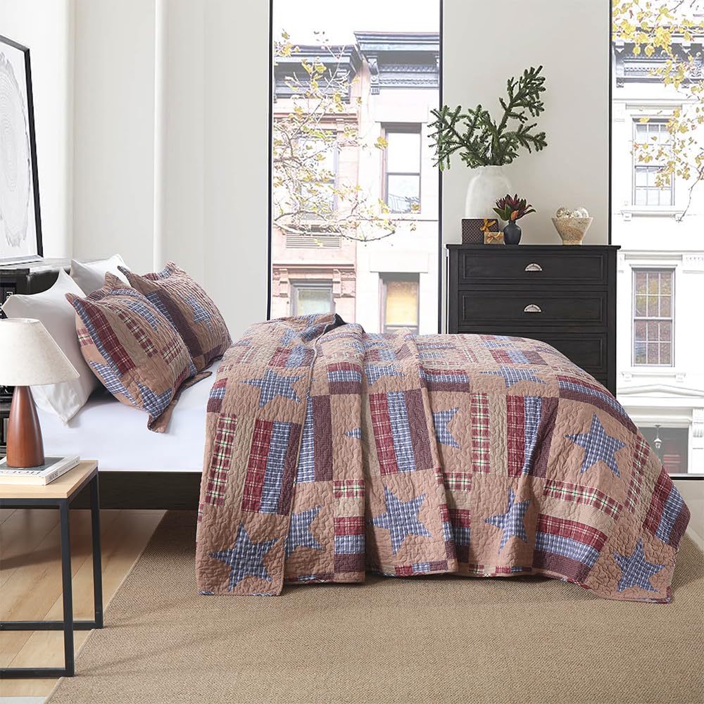 VISIMISI Cotton Bedding Quilt Sets Reversible Coverlet Sets All Season Brown Bedspread, Mediterranean Star Pattern, Queen Size