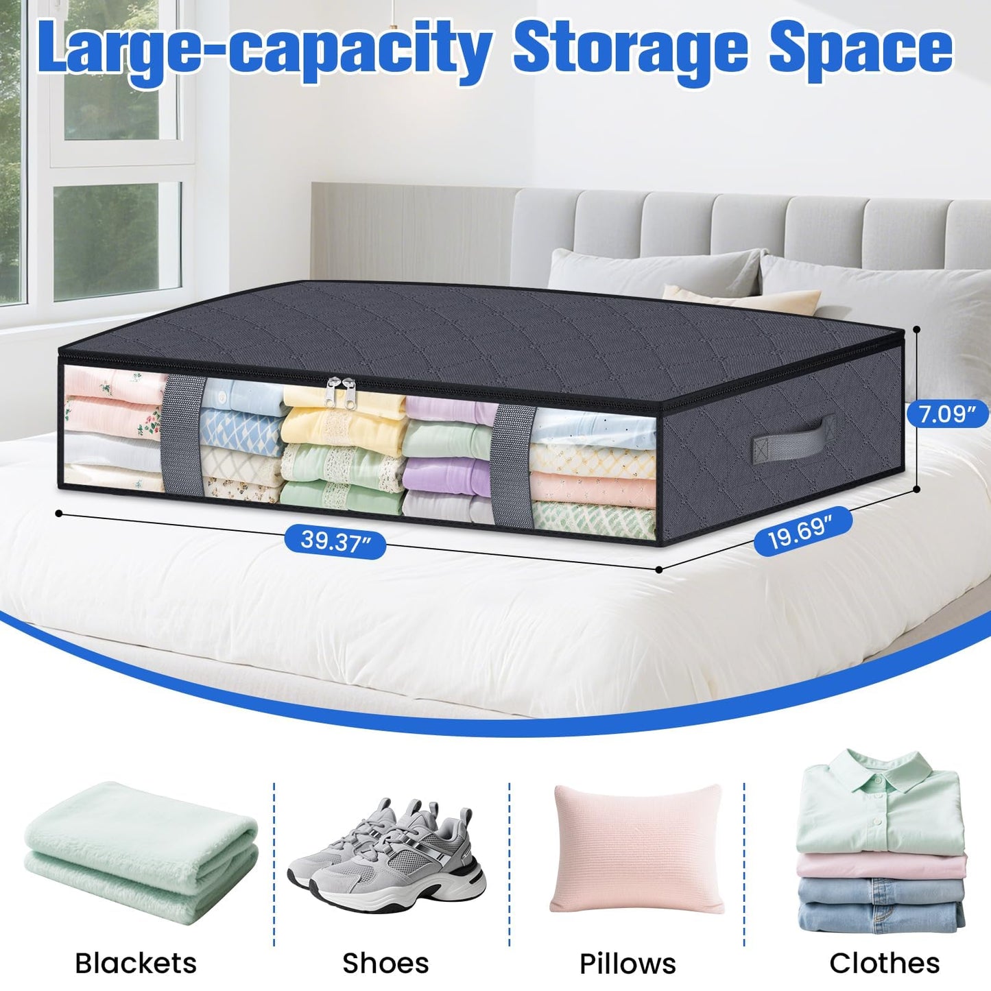 TasticTotes Under Bed Storage Containers, 4 Pack Blanket Storage Bags, Collapsible Storage Bags with Big Zippers, Clear Front, Shoe Storage and Organization for Clothes, Comforter, 90L, Grey