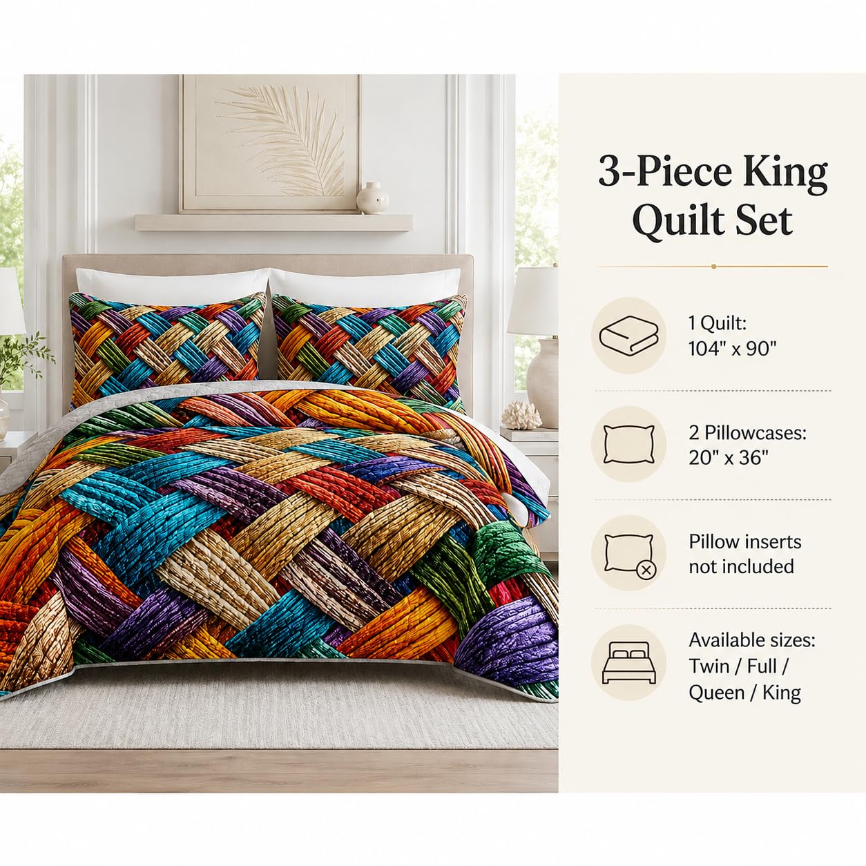 AILONEN 3-Piece Colorful Soft Quilt Set King Size, Gradient Abstract Art Boho Quilted Bedspread Coverlet,All Season Quilt,2 Pillowcases