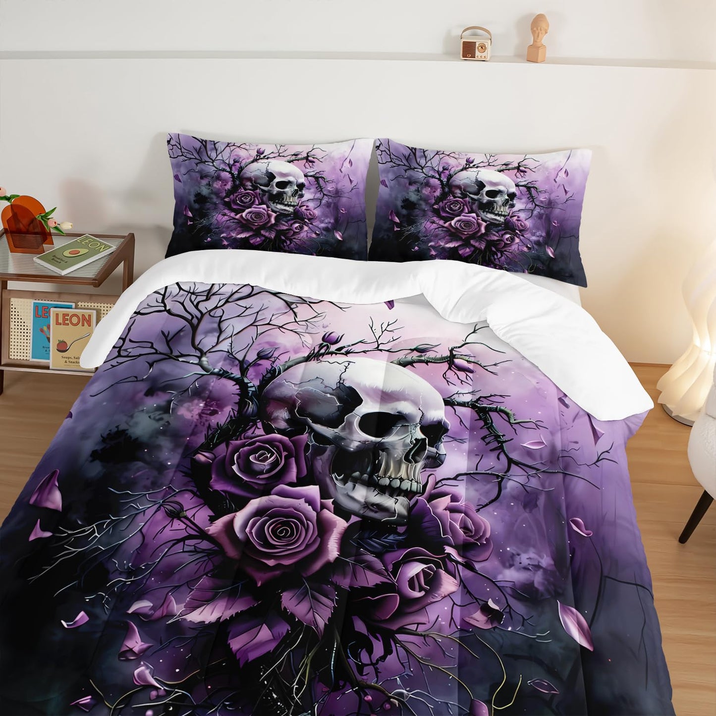 HOSIMA Death Skull Queen Bedding Sets,Skull Surrounded by Flowers Print Gothic Comforter Set,Branch Pattern Horror Themed Halloween Comforter for Women Girls Room Decor with 2 Pillowcases.