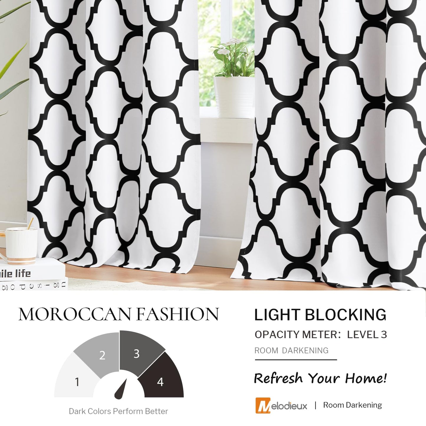 Melodieux Moroccan Printed Room Darkening Blackout Grommet Curtains for Bedroom Small Windows, 42 by 45 Inch, Off White/Black (2 Panels)