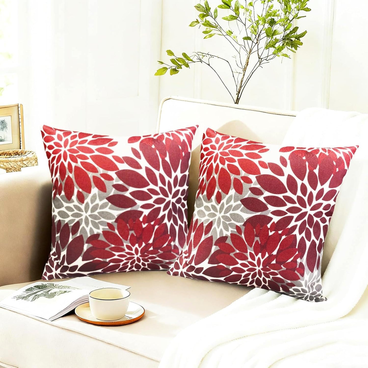 RYSMIYOU Decorative Throw Pillow Covers Set of 2 Wine Red Pillow Covers 18x18 Inch Couch Pillow Covers for Sofa Living Room Outdoor Throw Pillow Cover Linen Square Floral Flower Farmhouse Pillowcase