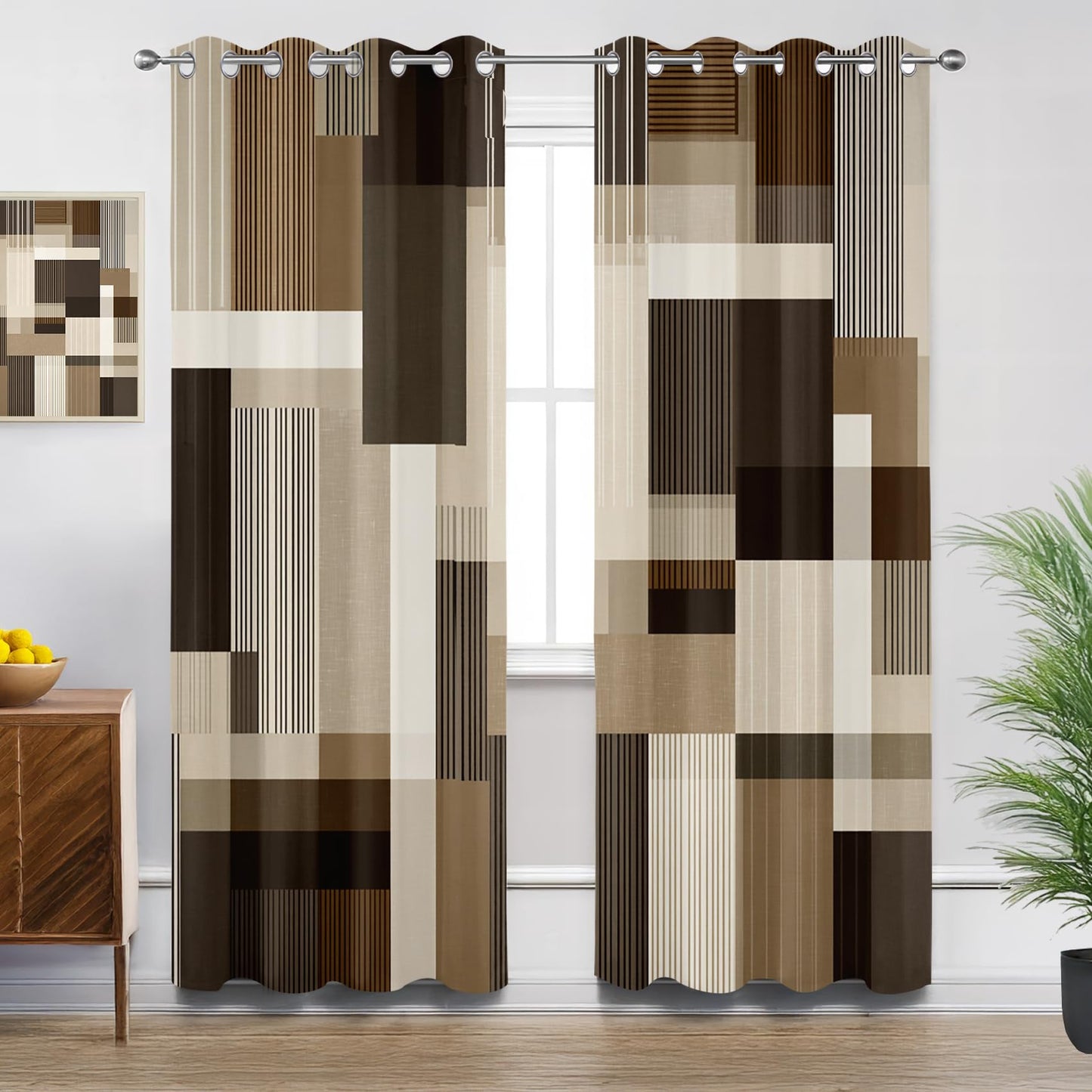 Solvivae Geometric Curtains 63 Inch Length, Modern Abstract Brown Taupe Beige Blackout Curtains for Bedroom Living Room, Room Darkening Thermal Insulated Grommet Drapes, Patterned Window Treatments