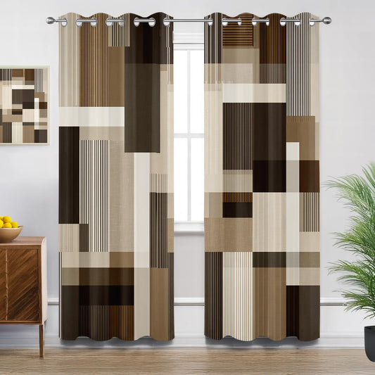 Solvivae Geometric Curtains 63 Inch Length, Modern Abstract Brown Taupe Beige Blackout Curtains for Bedroom Living Room, Room Darkening Thermal Insulated Grommet Drapes, Patterned Window Treatments