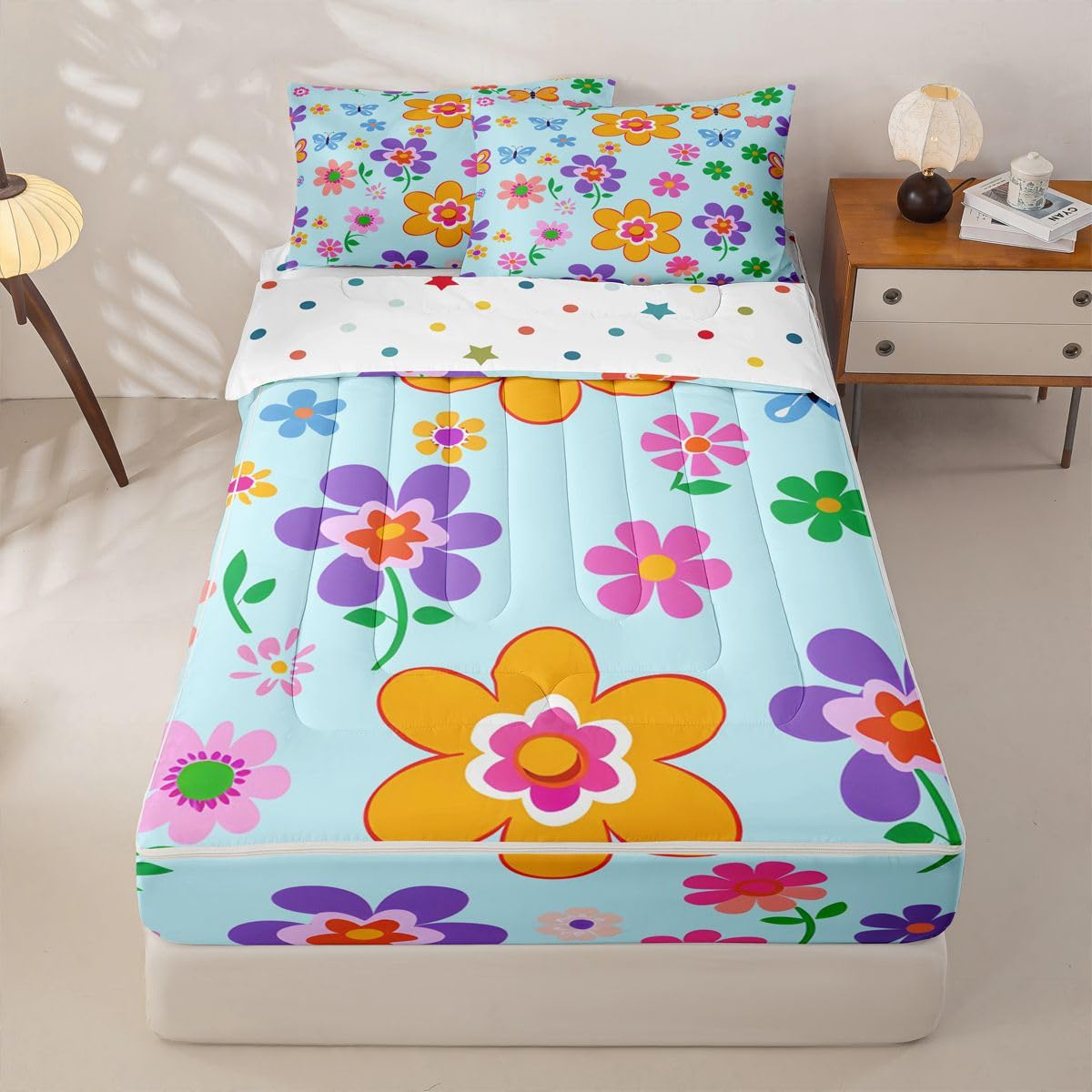 Feelyou Cartoon Cute Flower Zipper Bedding Queen Botanical Floral Bedding Sets for Kids Boys Girls Blue Aesthetic Flower Comforter Set with Fitted Sheet 2 Pillowcases One Zipper Bed Set