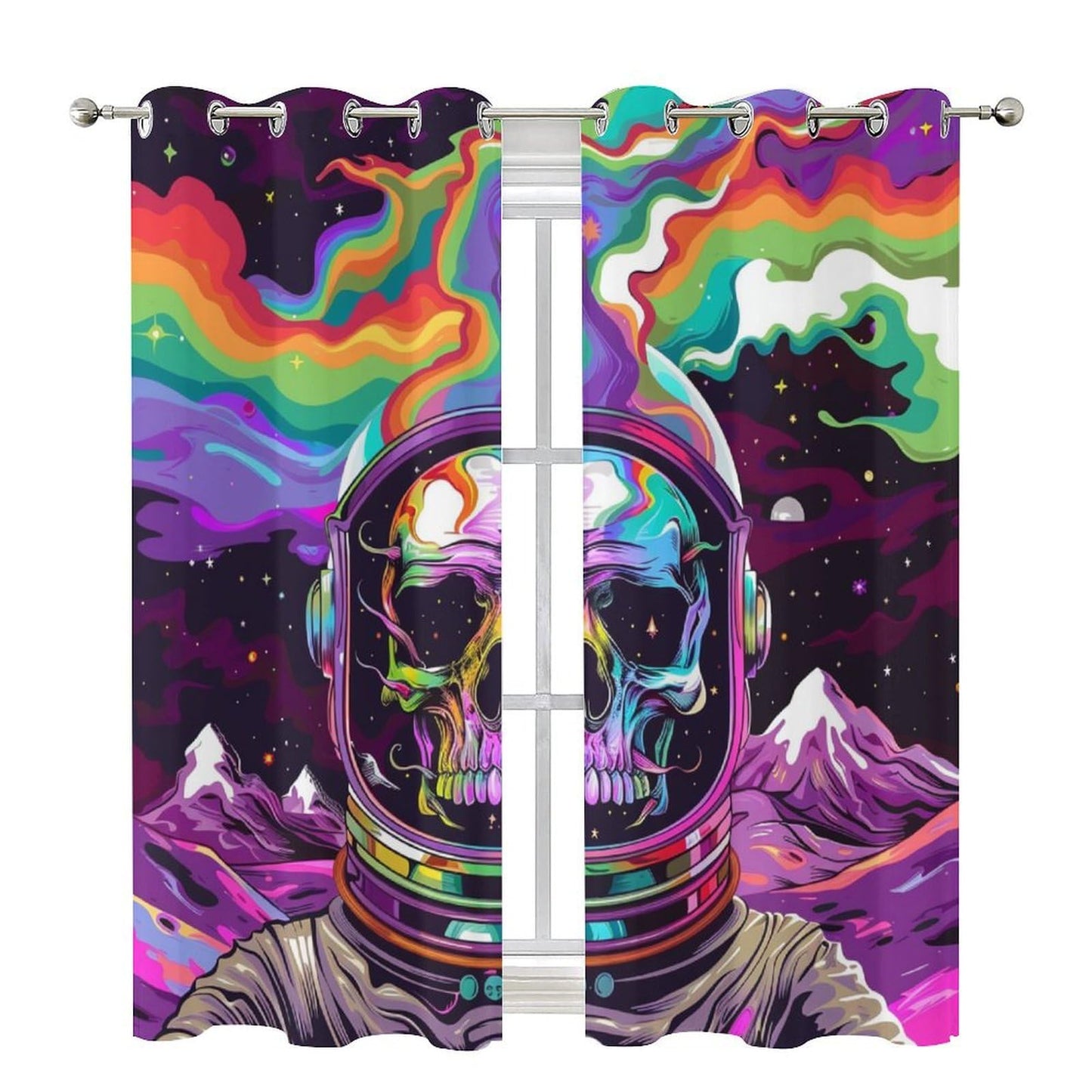 HDESDIS Colorful Skull Fantasy Blackout Curtains for Bedroom, Space Star Astronaut Skeleton Grommet Curtains Thermal Insulated Window Drapes for Living Room, 21W x 45L, 2 Panels