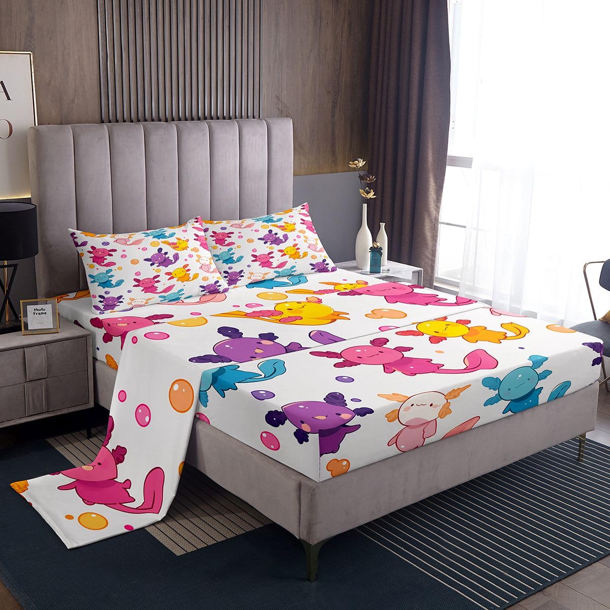Erosebridal Axolotl Bed Sheets Full | Wildlife Sheet Set for Kids Boys Girls Cartoon Salamander Sheets Colorful Cute Beach Ocean Animals Flat Fitted Sheet 3 Pcs