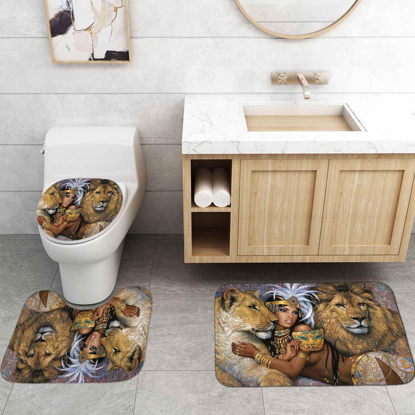 OLEBETY 4PCS Lion African Women Shower Curtain Sets With Rugs, African American Shower Curtain, Waterproof Fabric Brown Shower Curtain, Wild Animal Exotic Afro Black Girl Egyptian Queen Bathroom Decor