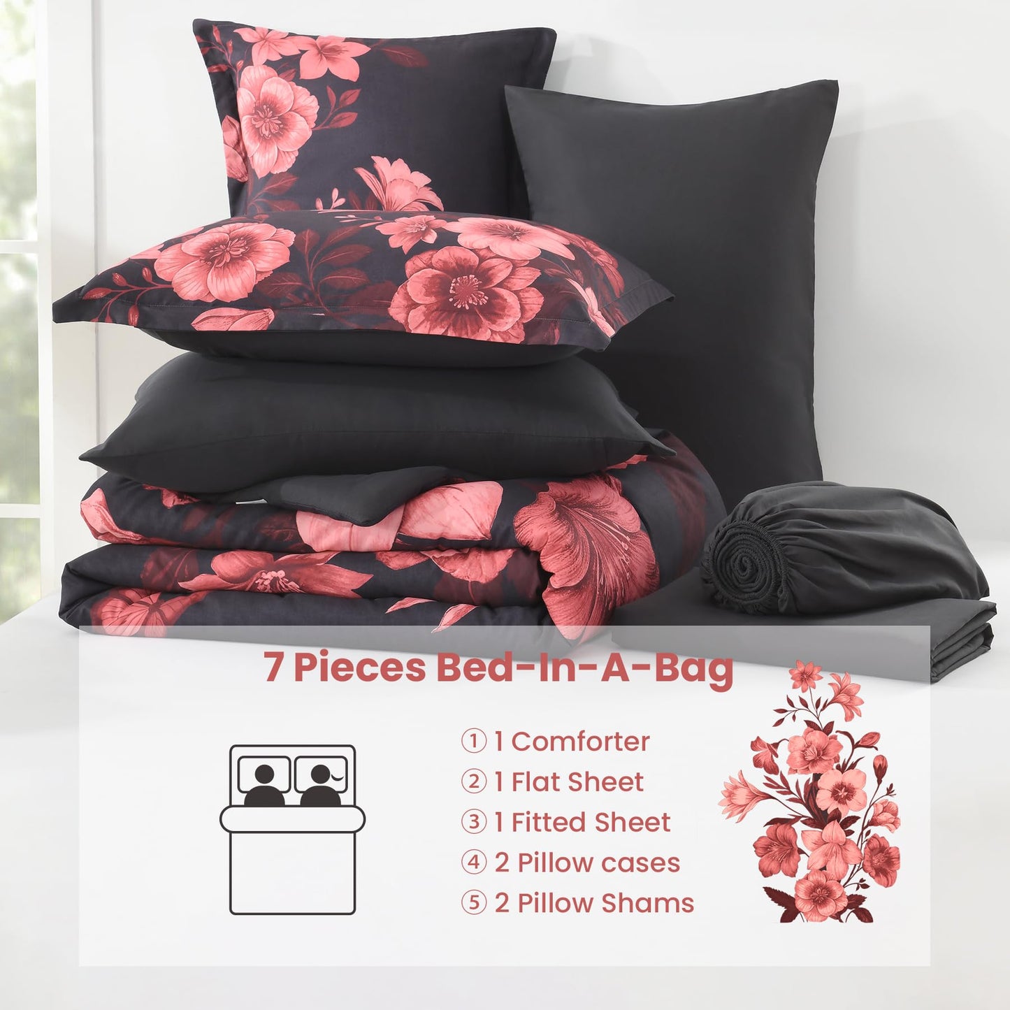 DHSFKBE Floral Comforter Set Queen Size, 7 Piece Black Bed in a Bag, Elegant Flower Pattern Comforter Set with Sheet, Soft Microfiber Complete Bedding Sets for All Season