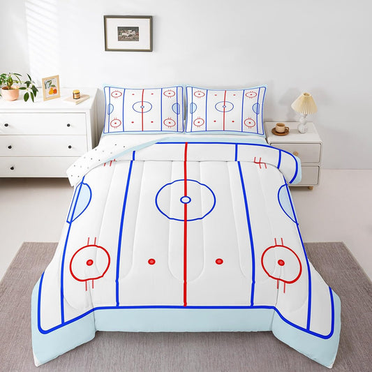 Erosebridal Teens Hockey Comforter Set, Kids Boys Ice Hockey Field in Blue Tones and Red Graphic Outline for Sport Events Down Comforter, Decorative 2 Piece Bedding Set with 1 Pillow Case, Twin Size