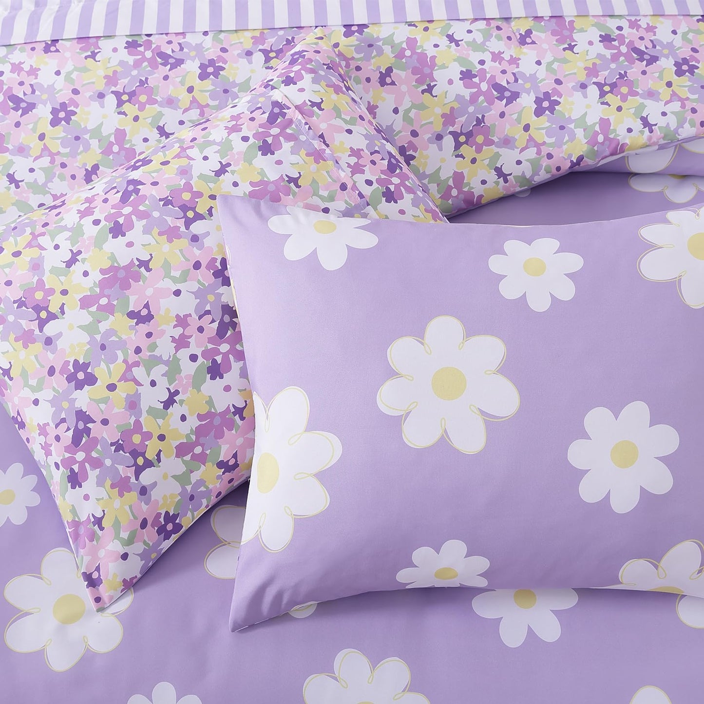 AMBERSPACE Twin XL Comforter Set for Girls, Purple Daisy Kids Bedding Set Reversible with Cute Floral, All Season Bed in a Bag Dorm 5 Pieces with Sheets, Pillowcase & Sham