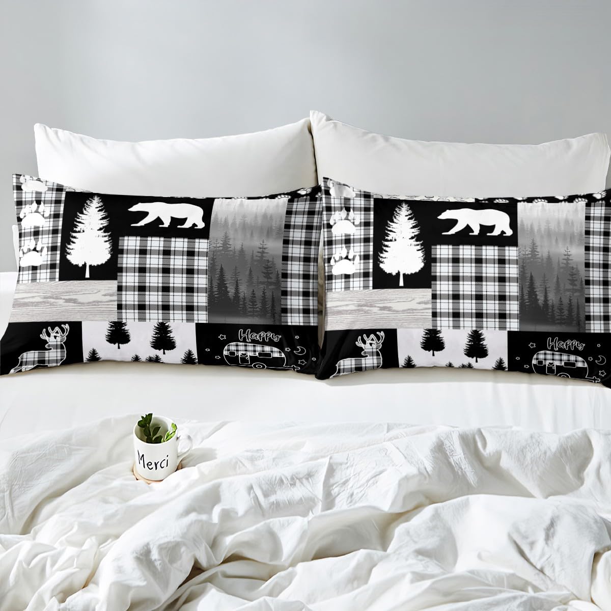Erosebridal Bear Sheet Set Queen Size,Deer Hunting Woodland Rustic Cabin Bed Sheets for Boys Girls Kids Adult,Camping Adventure Geometric Plaid Patchwork Fitted Sheet,Xmas Pine Tree Sheets Gray Black