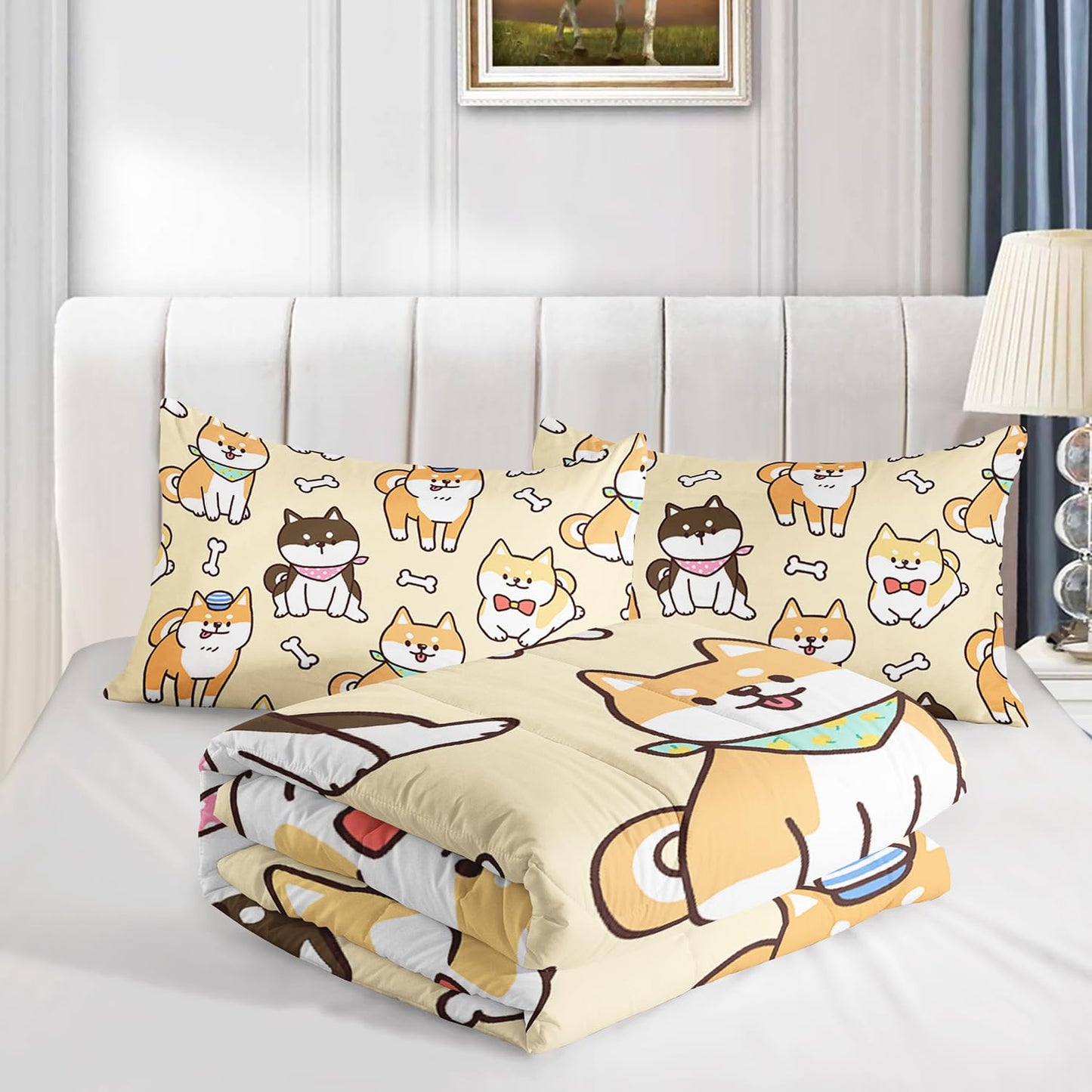 XYNHML Kawaii Cartoon Corgi Dog Animal Themed 3Pcs Comforter Full Yellow Black Dogs Pattern Bedding for Kids Teens Girls Boys Cute White Bone Quilt Bed Decor Set with 1 Comforter and 2 Pillowcases