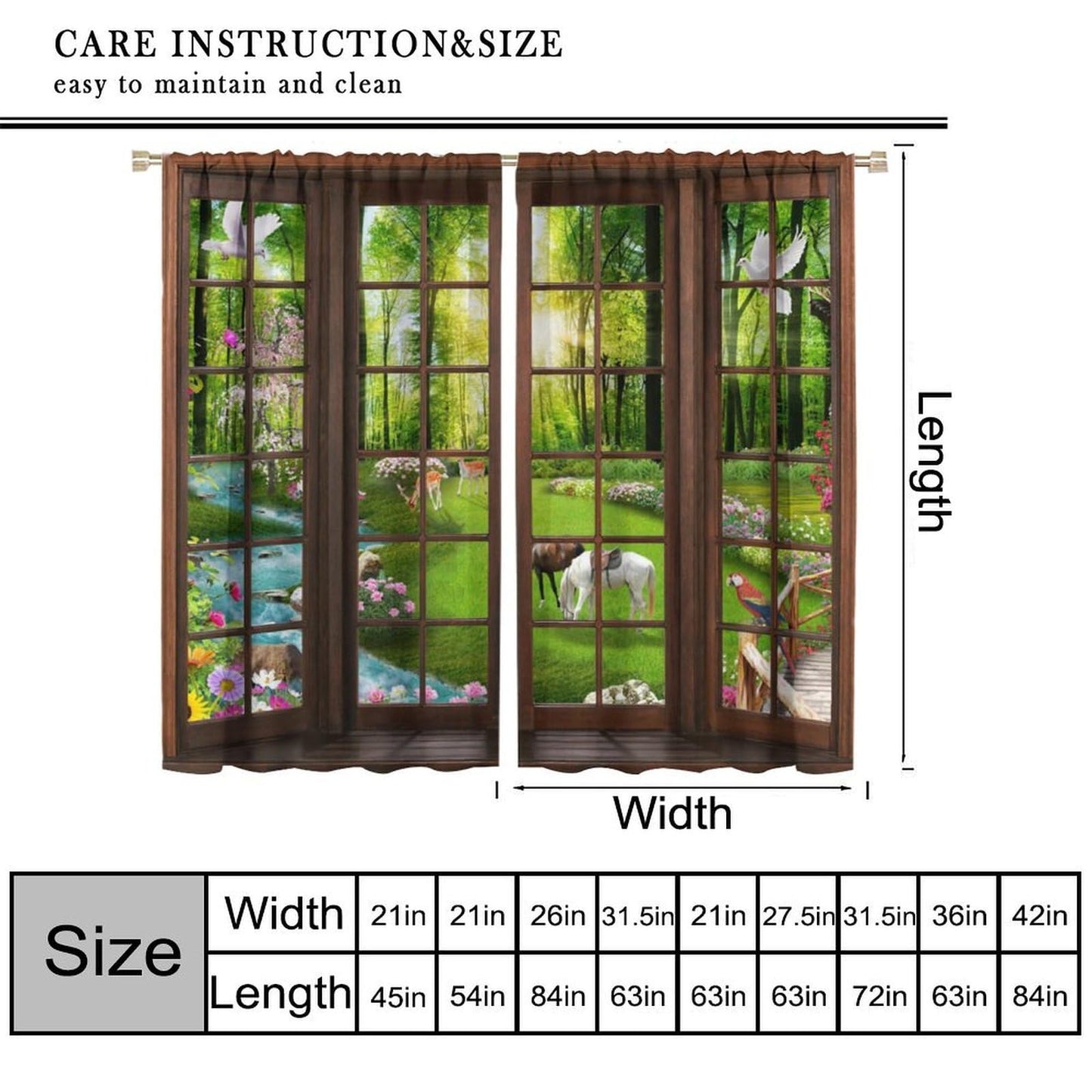 Landscape Window Curtains, 3D Window Forest Animals Lake Spring Forest Wildlife Nature Scenery Window Treatments for Bedroom Living Room Kitchen Home Farmhouse Drapes 2 Panel Set, 42x45 Inch