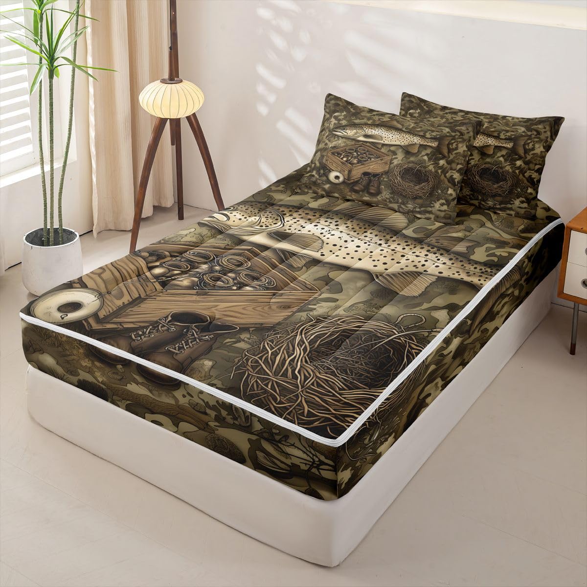 jejeloiu Hunting Fishing Zipper Bedding Cabin Lodge Comforter Set for Kids Boys Girls Twin Size Camo Camouflage Zippered Kids Bedding Set Ultra Soft Wildlife Bed in a Bag
