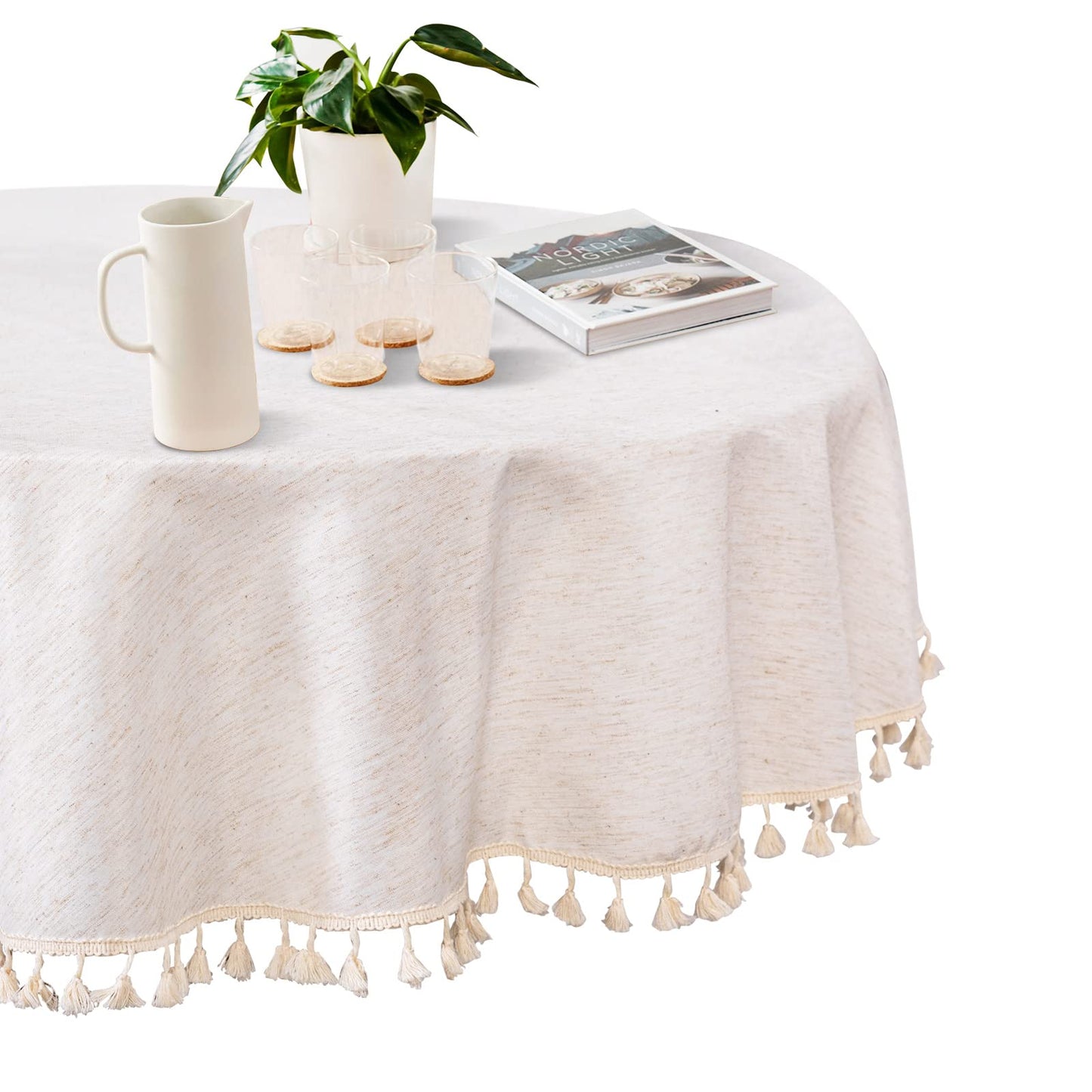 MYSKY HOME Table Cloth 60 in Round Cotton Tablecloth, Heavy Duty Linen Look Waterproof Tablecloths Farmhouse Tablecloth, Soft and Wrinkle Free Table Cover with Beige Tassels for Kitchen Dining, Party