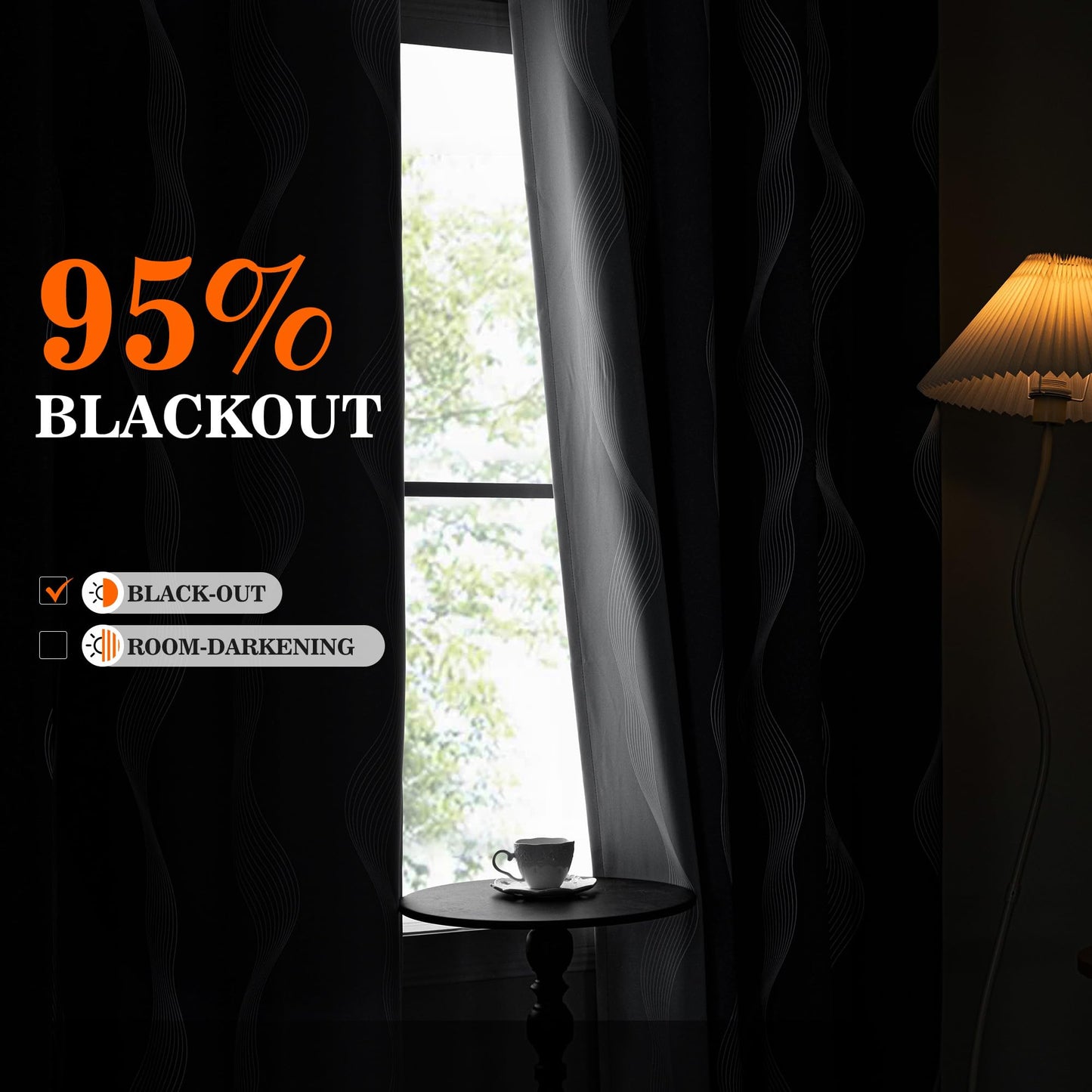 MYSKY HOME Black and Greyish White 95% Blackout Ombre Patterned Curtains 63 inch Length 2 Panels for Bedroom Thermal Insulated Energy Saving Wave Line Foil Print Design Grommet Drapes, 52" W