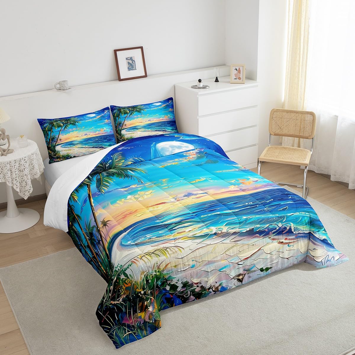 Castle Fairy Seaside Hawaii Comforter Queen,Tropical Coconut Tree Watercolor Oil Painting Quilt Comforter with 2 Pillowcases,Sea Ocean Beach Coastal Bedding Set Comfortable,Soft and Breathable