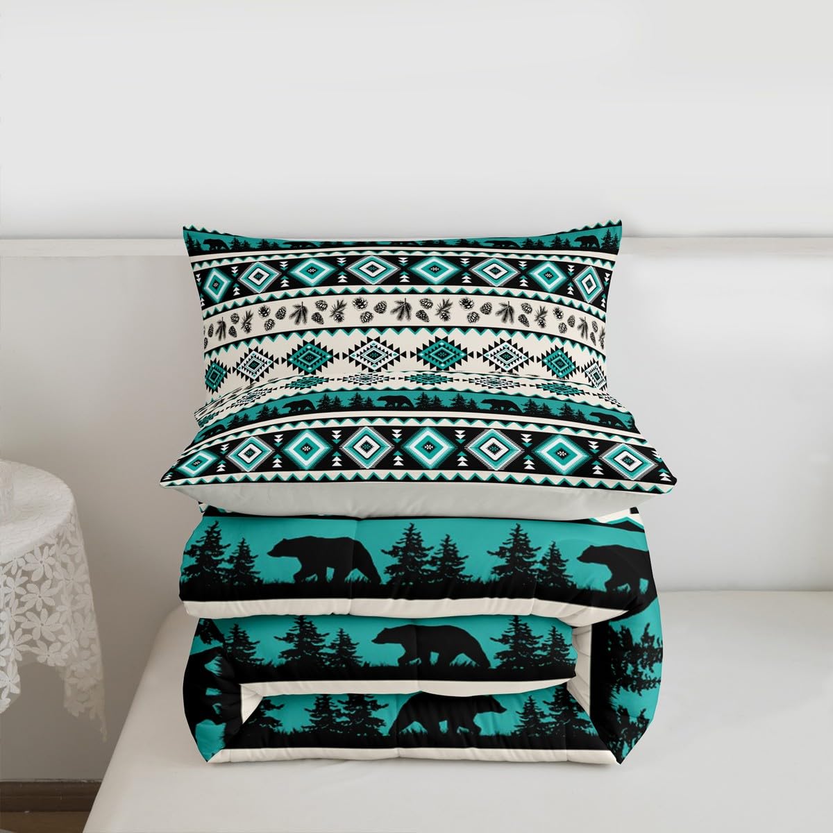 Green Aztec Pattern Kids Comforter Set,Ethnic Geometric Stripes Down Alternative Adults Bedroom Decor,Southwest Tribal Style Bear Wild Animals Ultra Soft Inner Fill 3Pcs Bedding Queen Size
