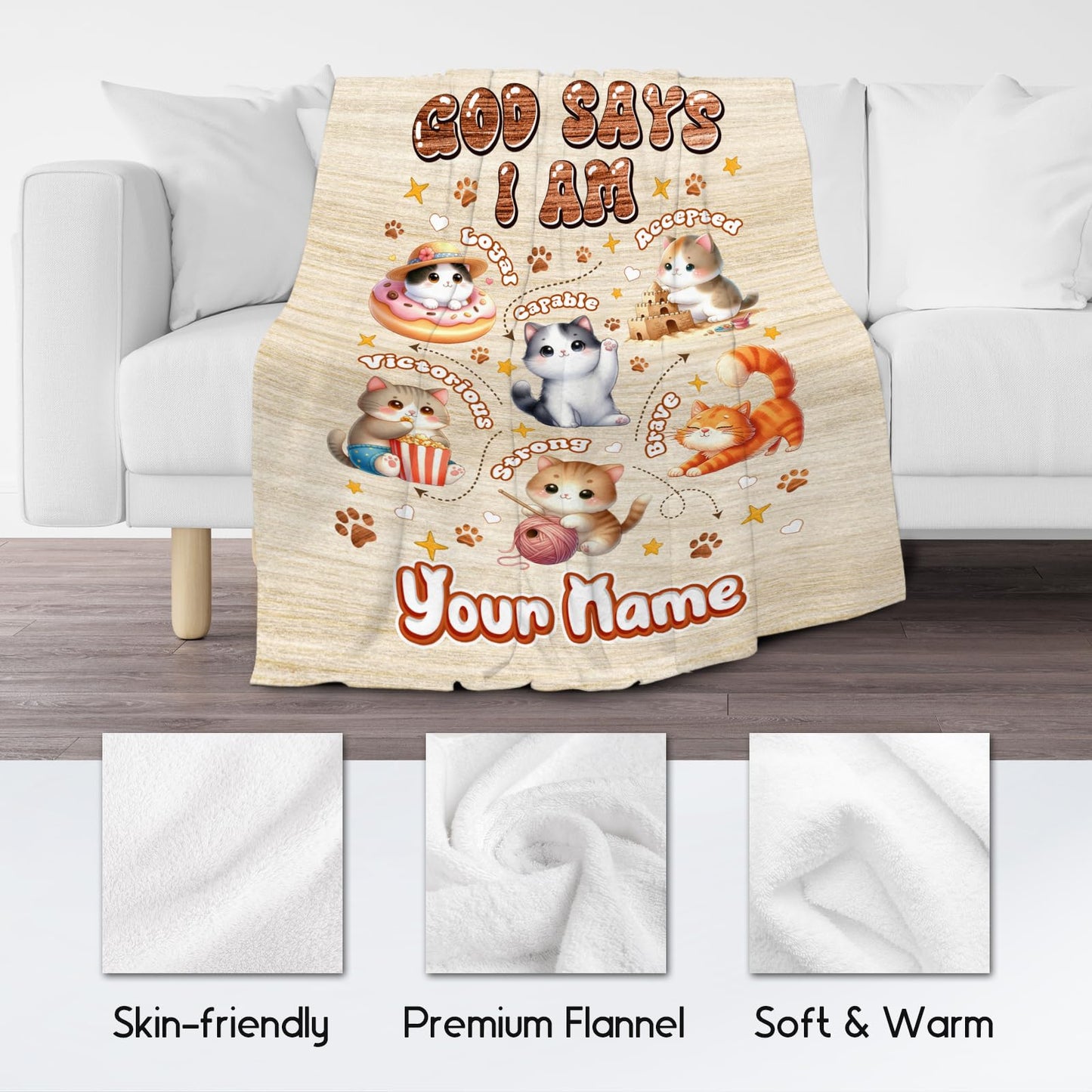 Personalized Cat Blankets with Name, Cat Themed Gifts for Girls Cat Lovers, Animal Print Blanket with Cats on It, God Says I Am Blanket for Kids Daughter Son, Fleece Throw Blankets for Bed, 60"x80"