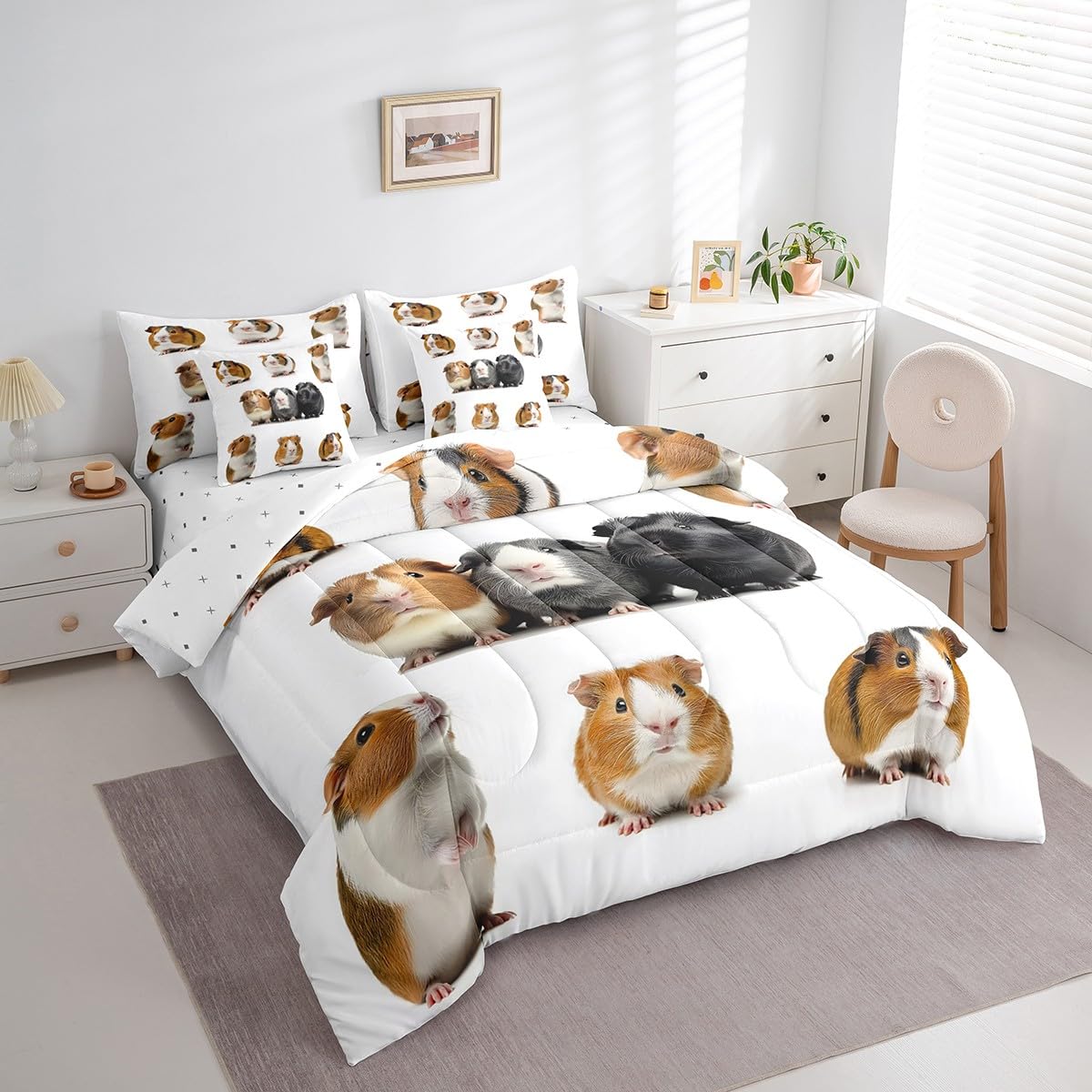 Erosebridal Guinea Pig Full Size Bed Sheets and Comforter Set,Cute Cavy 7 Piece Bedding Set Lovely Wild Animals Bed in a Bag,Kawaii Pet Mouse Wildlife Bed Sets