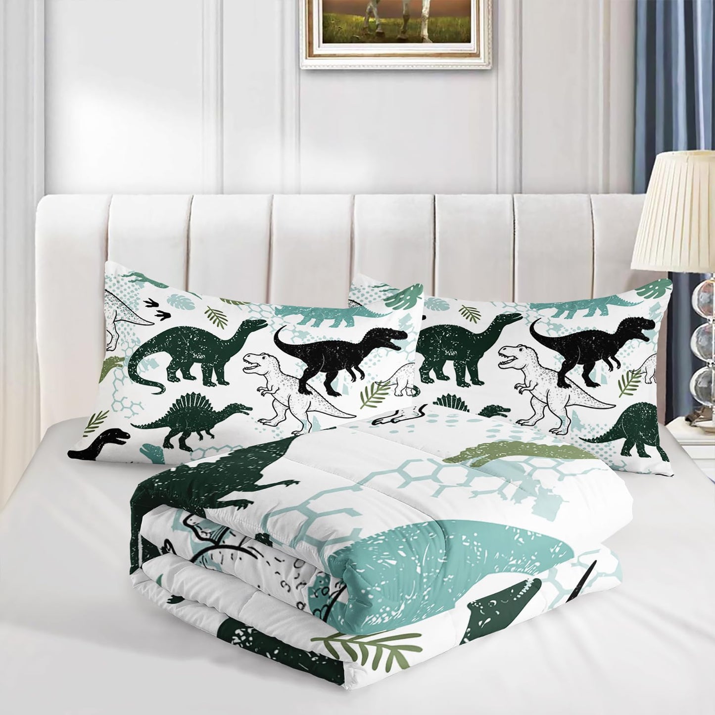 QOOMO 3Pcs Dinosaur Comforter Set Twin,Cartoon Dinosaur Bedding Set for Teens Boys Girls,Dinosaurs Printed Comforter with 2 Pillowcases,Down Alternative,Soft and Lightweight