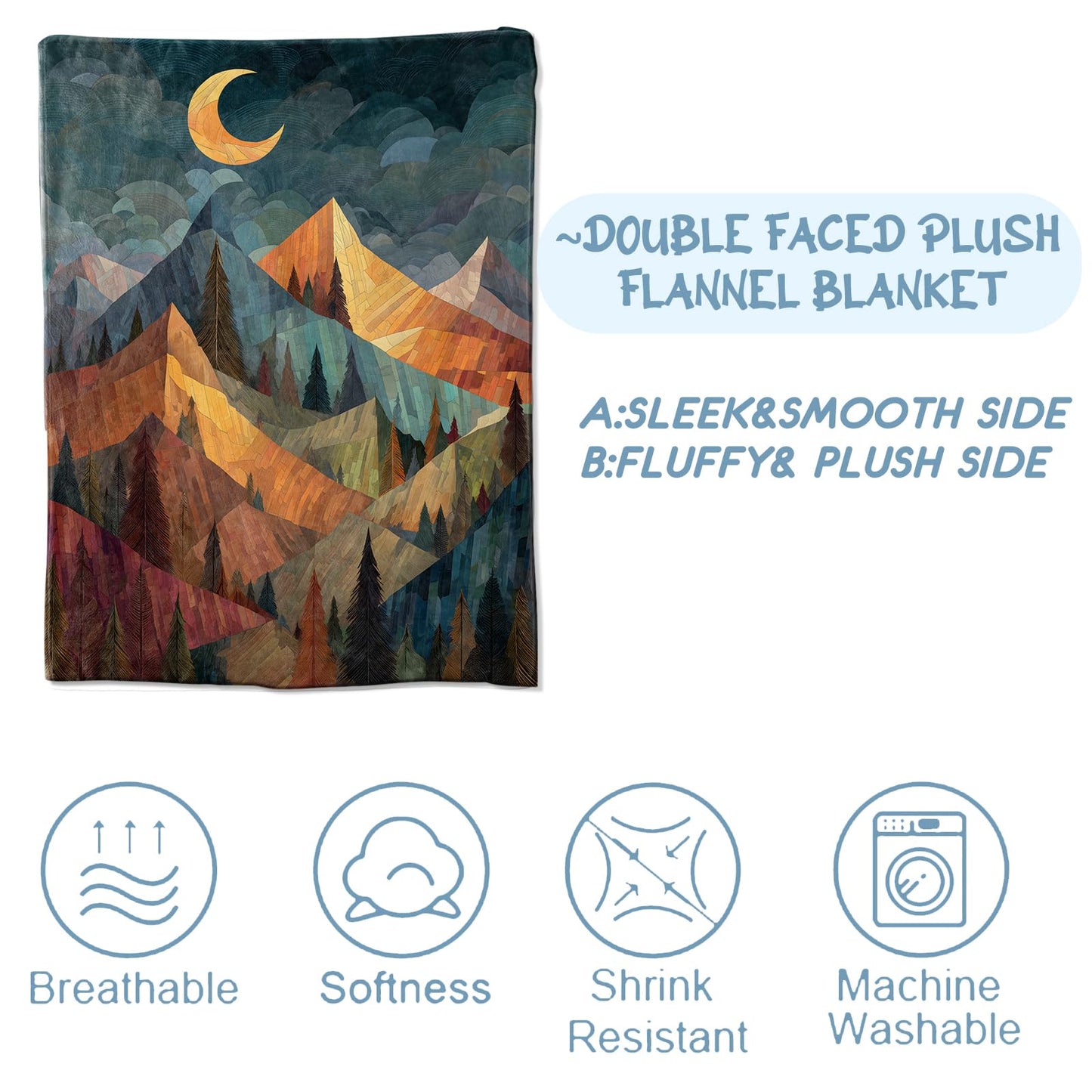 Zeleda Mountain Blanket, Gifts for Nature and Abstract Art Lovers, Lightweight Flannel Throw Blankets, Geometric Landscape with Moon Forest Throws Home Decor, for Couch Living Room Office, 60x50inch