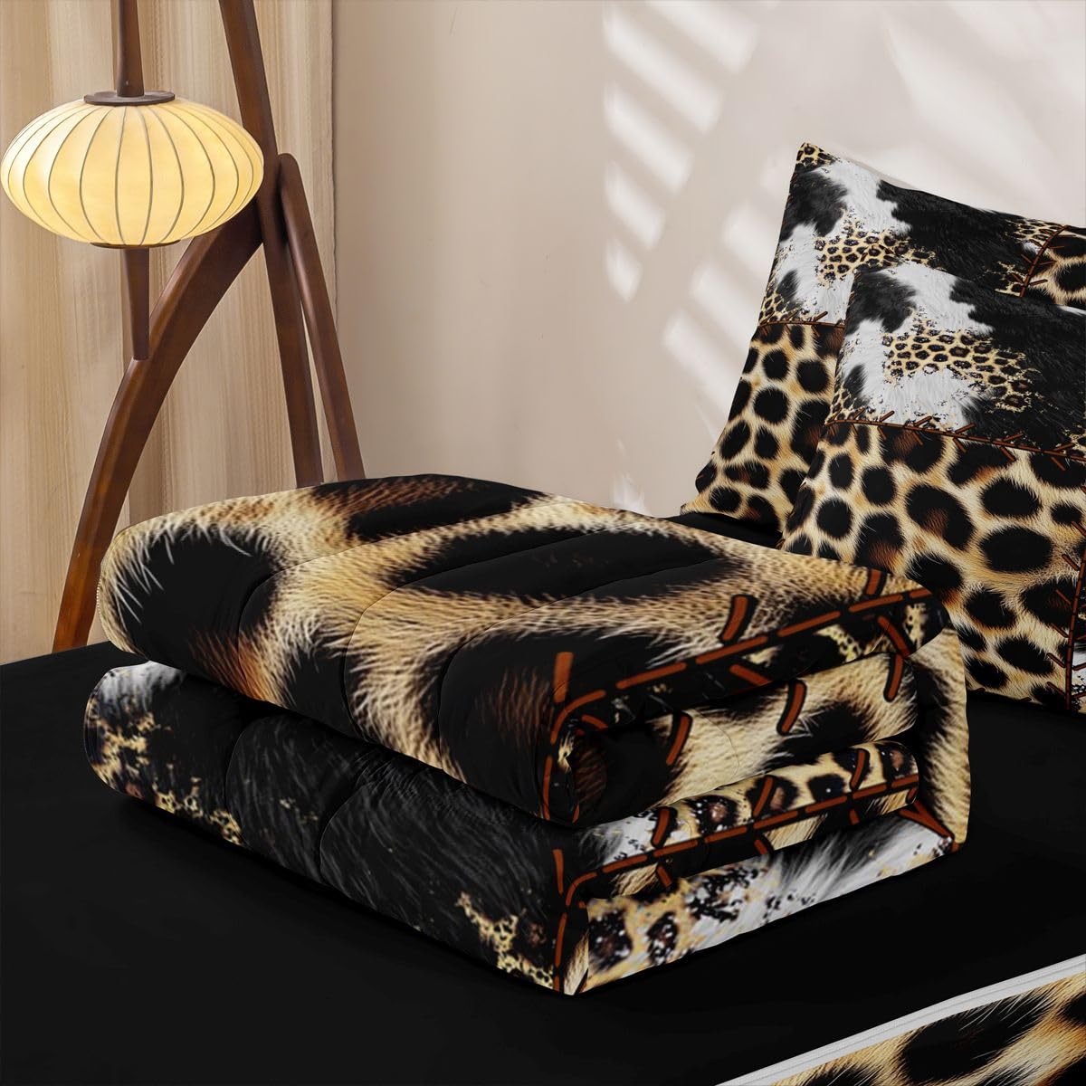 Feelyou Cow Fur Zipper Bedding Sets Kids Leopard Print Queen Comforter Set with Fitted Sheet Boys Girls Decor Western Farm Animal Skin Comforter Plaid Grid Black Yellow Bed in A Bag