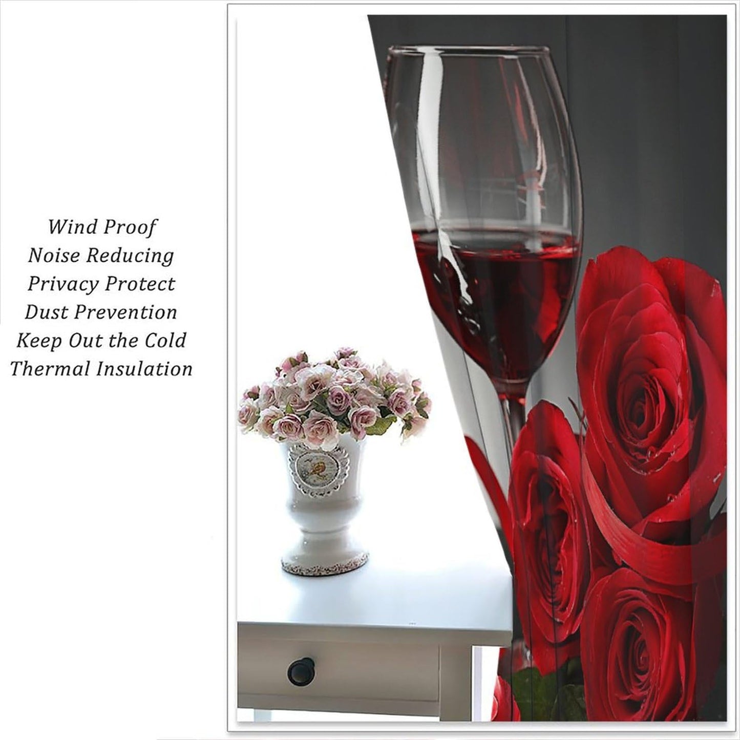 GoDazzling Rose Wine Blackout Curtains, Red Floral Valentine Blossom Romantic Lover Art Printed Window Drapes, for Living Room Bedroom Kitchen 42" W X 45" L