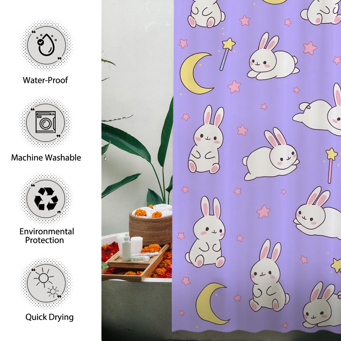 Funnytree Cute Anime Moon and Bunny Shower Curtain 72"x72" - Waterproof Fabric Bathroom Decor for Girls Teens Women Fans Daughter, Easy Care Washable (Hooks Not Included)