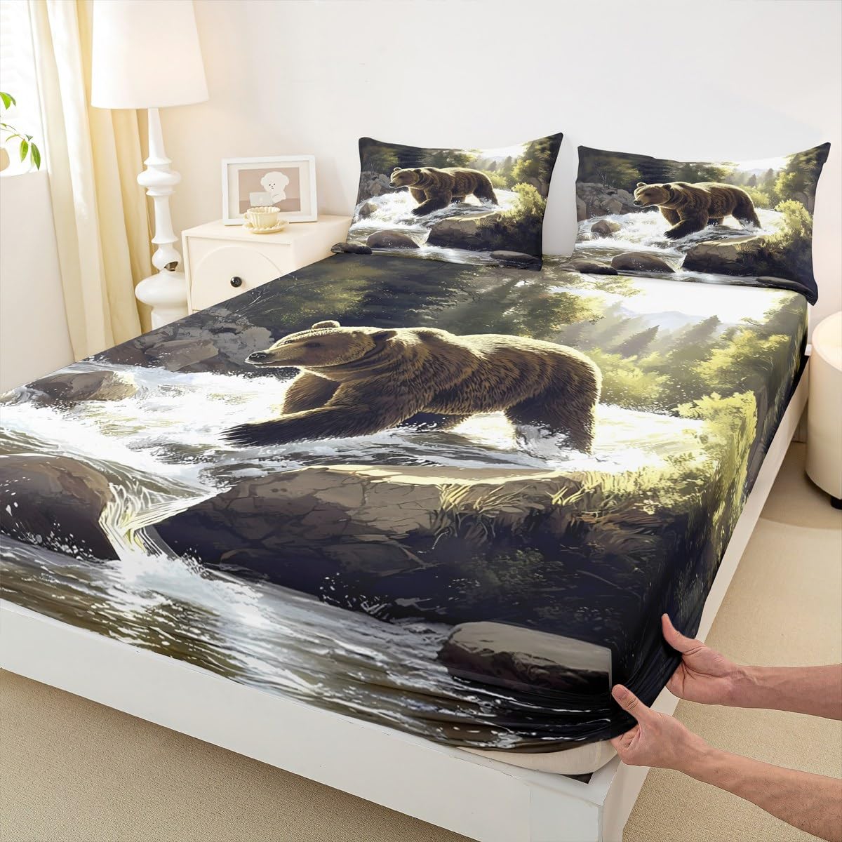 jejeloiu Bear Fitted Sheet with 1 Pillowcase Twin Size Black Bears Bed Sheets Set 16" Deep Pocket Boys Girls Cabin Bedding Countryside Teens Bedroom Decor Breathable Soft Lightweight Microfiber