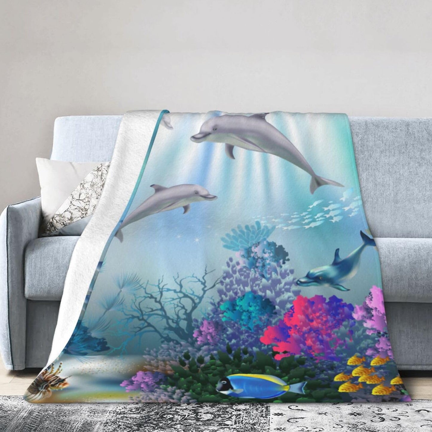 Ocean Animal Dolphin Blanket Soft Lightweight Throw Blankets Cozy Flannel Bed Throws for Sofa Couch Travel Home Room Bedroom Decor Gifts for Boys Girls Kids Adults 60"x50"
