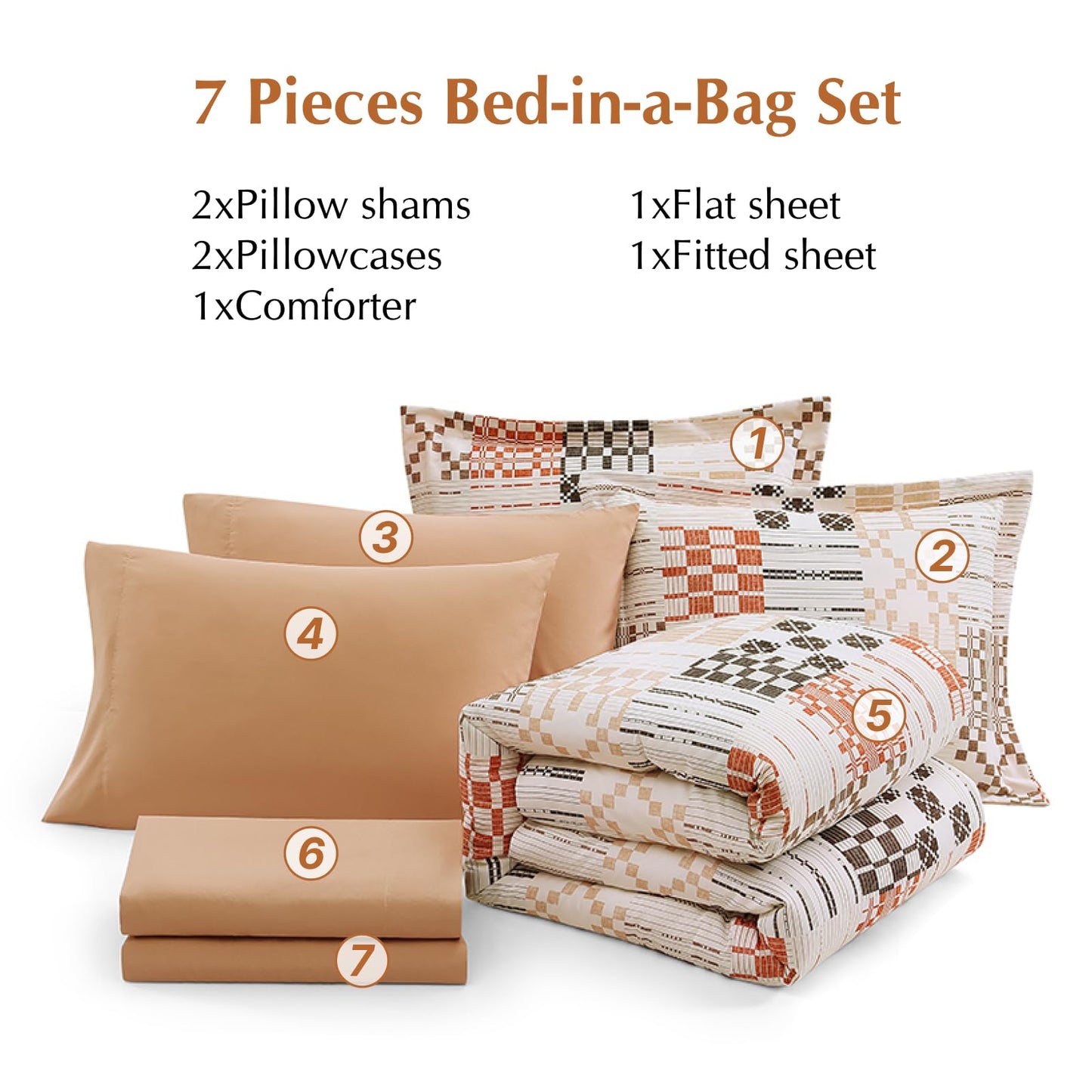 MaiRêve Queen Comforter Set, Classic Plaid Farmhouse Bedding Sets 7 Pieces, Beige All Season Bed in A Bag with Sheets, Pillowcases & Shams