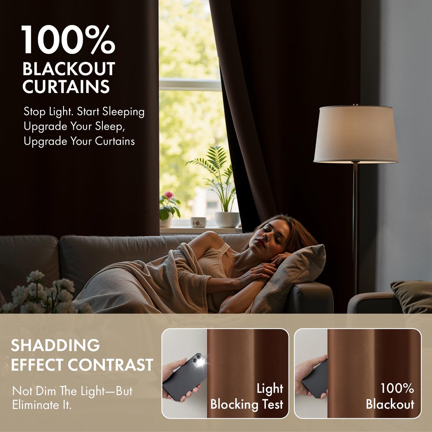 MIULEE 100% Blackout Curtains for Bedroom 63 Inch Long, 2 Thick Layers Thermal Insulated Black Out Window Curtains with Black Liner, Noise Reducing Grommet Living Room Drapes 2 Panels Mocha Brown