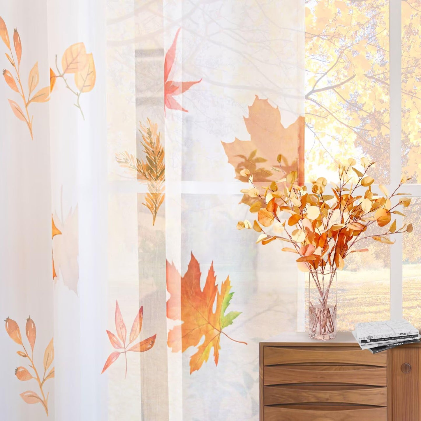 youleyar Fall Sheer Curtains for Living Room 84 Inches Long 2 Panels Orange Semi-Sheer Curtain with Maple Leaves Printed Pattern Fall Rod Pocket Voile Drapes for Bedroom, 52" W x 84" L
