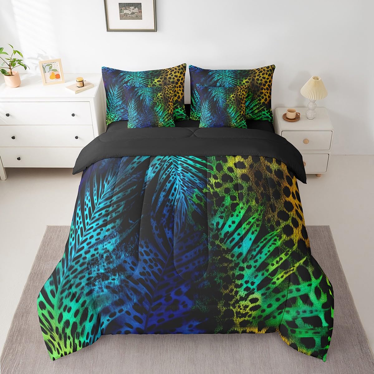 Erosebridal Blue Green Cheetah Print Comforter Set 7 Piece Bed in a Bag Twin,Leopard Print Bedding Sets Wild Animal Hide Sheet Set with Comforter,Wildlife Fur Hair Spot Bed Set