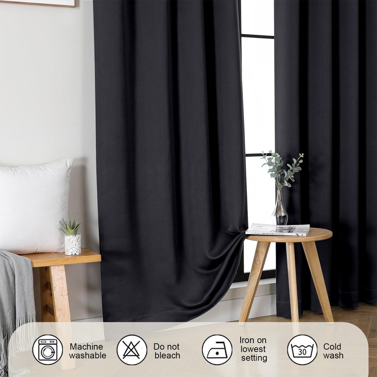 Gwine Black Blackout Curtains for Bedroom 63 Inch Length - Thermal Insulated Light Blocking Window Curtain Panels, Solid Room Darkening Drapes for Living Room, 2 Panels, Each W40 x L63