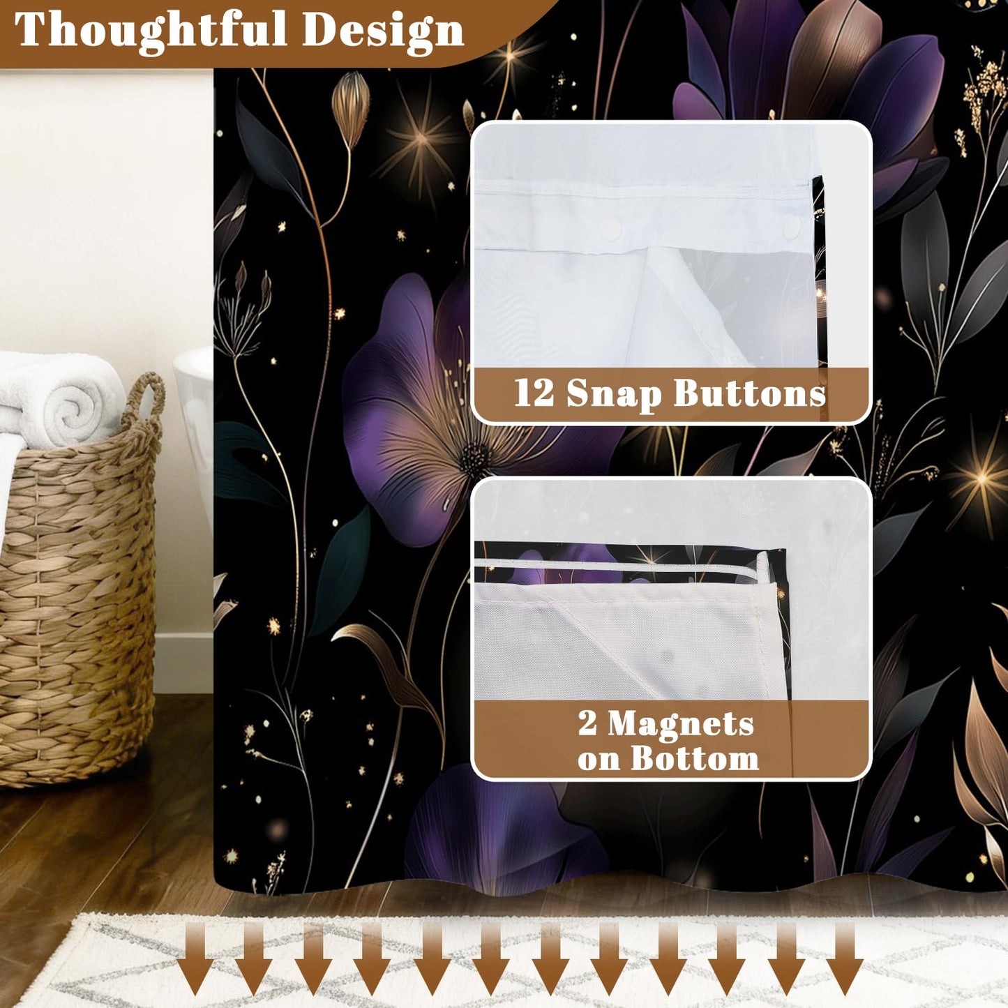Xiazhilaio Dark Floral Bath Shower Curtain with Snap in Liner, 71x74 Inch