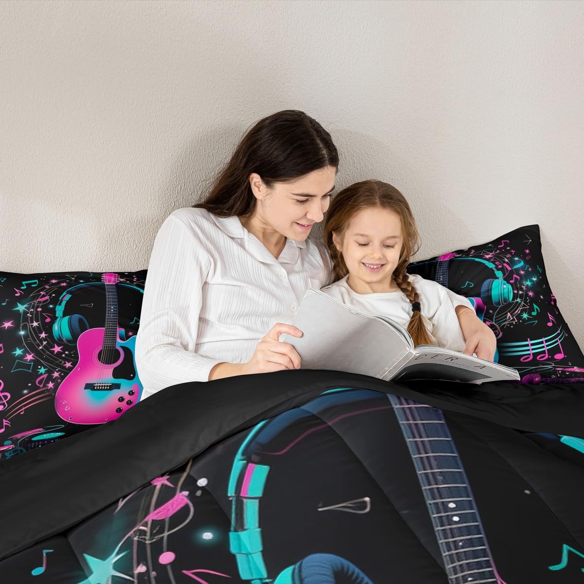 Erosebridal Guitar Music Comforter Set Queen Musical Notes Guitar Bedding Set Pop Music Theme Comforter for Kids Boys Girls,Fashion Hot Pink Blue Quilt Duvet