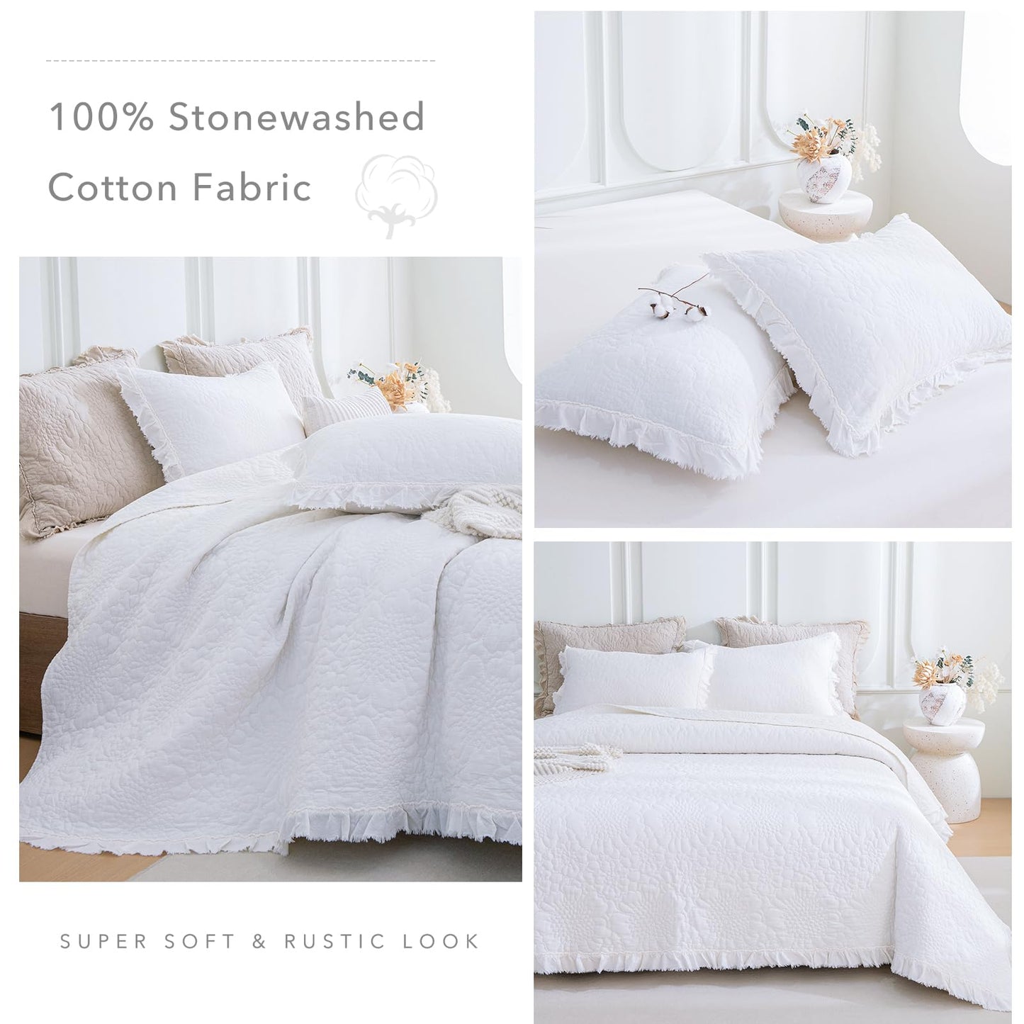 QSH Bright White Stonewashed Cotton Oversized King Quilt Bedspread Set(120"x120"),3PCs Shabby Ruffled Quilt California King,Ultra Soft Lightweight Crinkled Farmhouse Chic Bedspread Coverlet Bed Set