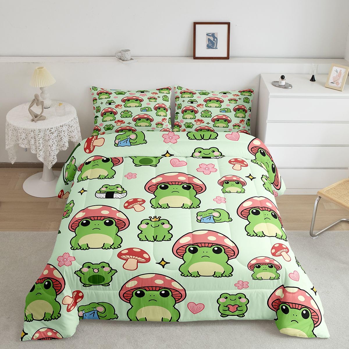 Mushroom Frog Comforter Set Queen Size Cute Mushroom Bedding Set 3pcs for Kids Girls Boys Bedroom Decor Cartoon Animals Plants Quilt Set Pink Green Duvet Insert,2 Pillowcases