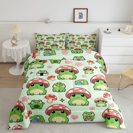 Mushroom Frog Comforter Set Queen Size Cute Mushroom Bedding Set 3pcs for Kids Girls Boys Bedroom Decor Cartoon Animals Plants Quilt Set Pink Green Duvet Insert,2 Pillowcases